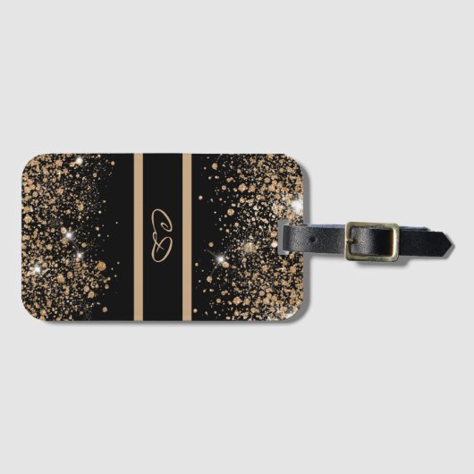 Black gold glitter monogram initials gepäckanhänger (Vorderseite (Horizontal))