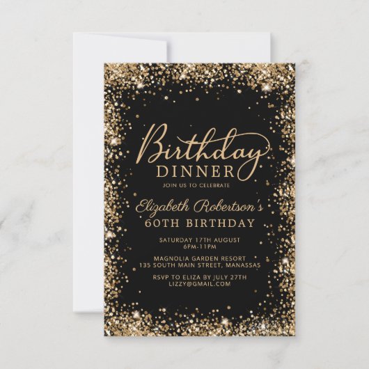 Black Gold Glitter Script 60th Birthday Dinner Einladung (Vorderseite)