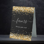 Black gold glitter sparkles guest favors tischaufsteller<br><div class="desc">Black background. Decorated with faux gold glitter,  sparkles.  With the text: Favors,  please take one!  White text.</div>