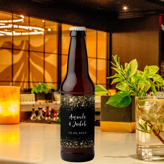 Black gold glitter wedding bierflaschenetikett