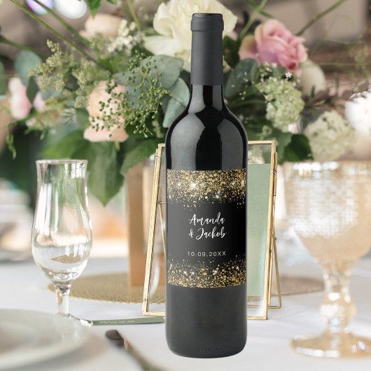 Black gold glitter wedding weinetikett