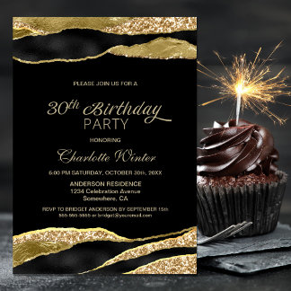 Black Gold Glitzer 30. Geburtstag Party Einladung