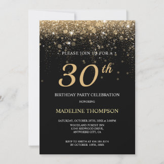 Black Gold Glitzer 30. Geburtstag Personalisiertes Einladung