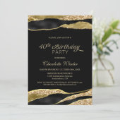Black Gold Glitzer 40. Geburtstag Party Einladung (Stehend Vorderseite)
