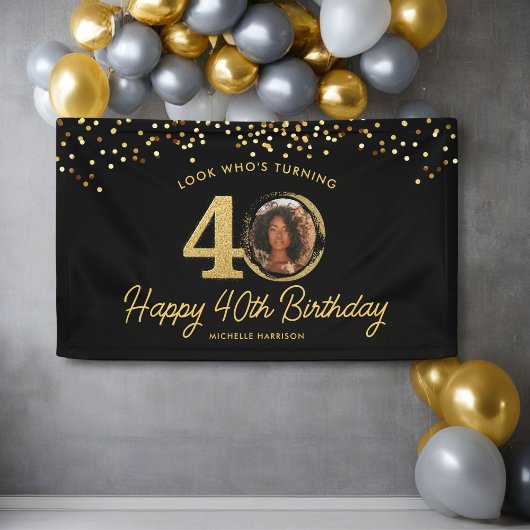 Black Gold Glitzer 40. Geburtstag Party Ihr Foto Banner