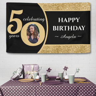 Black & Gold Glitzer 50 Fünfzig Jahre 50. Geburtst Banner
