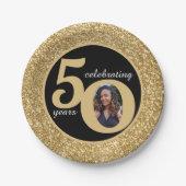 Black & Gold Glitzer 50 Fünfzig Jahre 50. Geburtst Pappteller (Vorderseite)