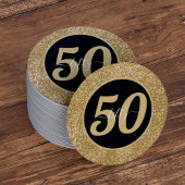 Black & Gold Glitzer 50 Fünfzig Jahre 50. Geburtst Runder Pappuntersetzer