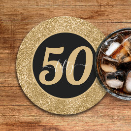 Black & Gold Glitzer 50 Fünfzig Jahre 50. Geburtst Runder Pappuntersetzer