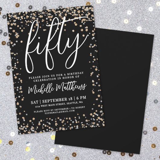 Black Gold Glitzer 50. Geburtstag Einladung