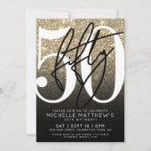 Black Gold Glitzer 50. Geburtstag Einladung (Vorderseite)