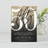 Black Gold Glitzer 50. Geburtstag Einladung (Stehend Vorderseite)