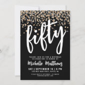Black Gold Glitzer 50. Geburtstag Einladung (Vorderseite)