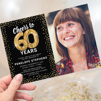 Black Gold Glitzer 60. Geburtstag Foto Einladung