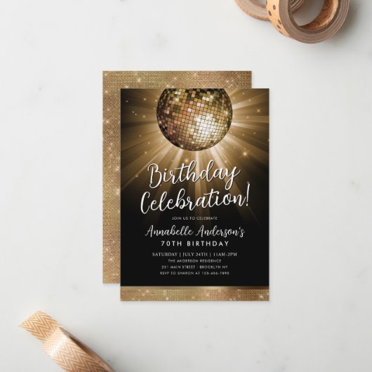 Black Gold Glitzer 70er Party Diskothek Ball Gebur Mitteilungskarte (Vorderseite/Rückseite Beispiel)