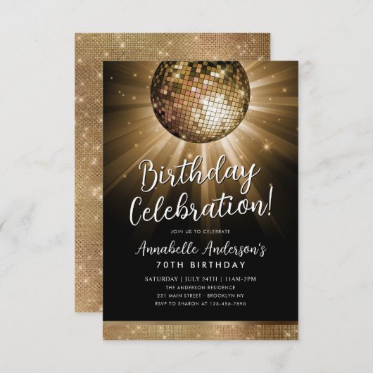 Black Gold Glitzer 70er Party Diskothek Ball Gebur Mitteilungskarte (Vorne/Hinten)