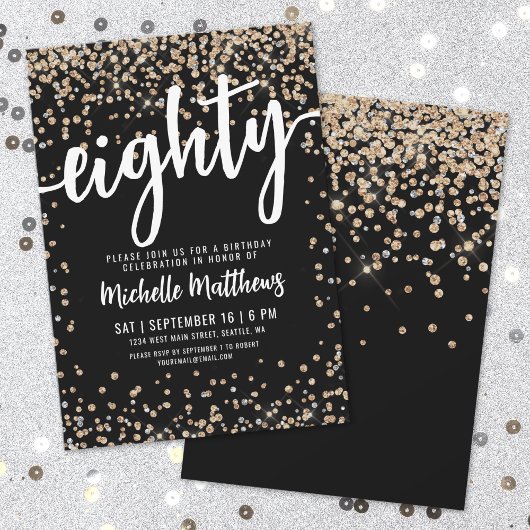 Black Gold Glitzer 80. Geburtstag Einladung