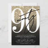 Black Gold Glitzer 90. Geburtstag Einladung (Vorderseite)