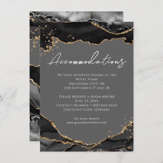 Black Gold Glitzer Agate Hochzeitsunterkünfte Begleitkarte (Vorne/Hinten)
