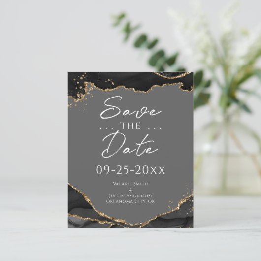 Black Gold Glitzer Agate Save the Date (Stehend Vorderseite)