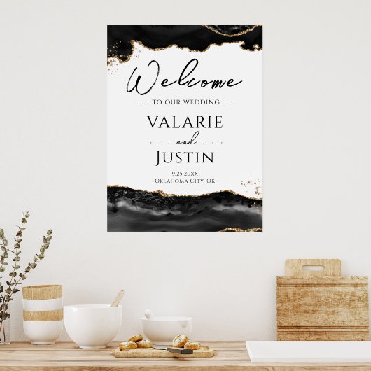 Black Gold Glitzer Agate Wedding Willkommenszeiche Poster (Küche)