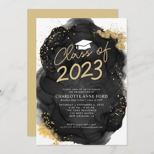 Black Gold Glitzer Alcohol Ink Graduation Party Einladung (Vorne/Hinten)
