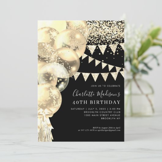Black Gold Glitzer Ballon Tassel jedes Alter Gebur Einladung (Stehend Vorderseite)