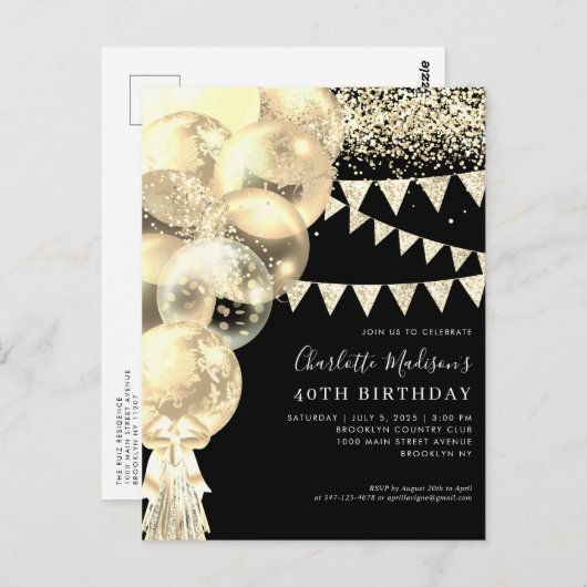 Black Gold Glitzer Ballon Tassel jedes Alter Gebur Postkarte (Vorne/Hinten)