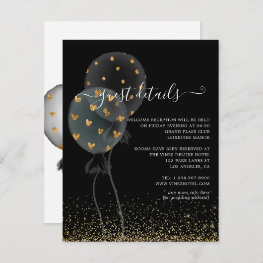 Black & Gold Glitzer Balloon - Hochzeitsgast Detai Begleitkarte (Vorne/Hinten)