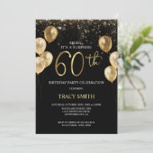 Black Gold Glitzer Balloons 60. Überraschung Gebur Einladung (Stehend Vorderseite)