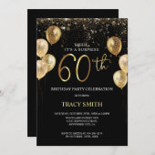 Black Gold Glitzer Balloons 60. Überraschung Gebur Einladung (Vorne/Hinten)