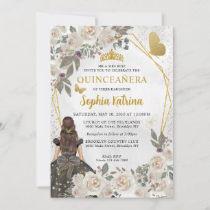 Black Gold Glitzer Bloral Princess Quinceañera Einladung