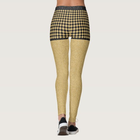 Black Gold Glitzer Checkered Girly Trendy Pattern Leggings (Rückseite)