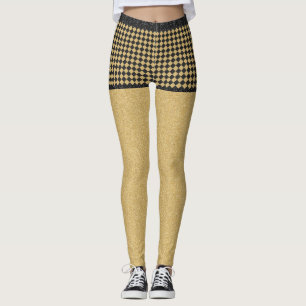 Black Gold Glitzer Checkered Girly Trendy Pattern Leggings