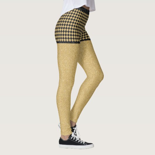 Black Gold Glitzer Checkered Girly Trendy Pattern Leggings (Rechts)