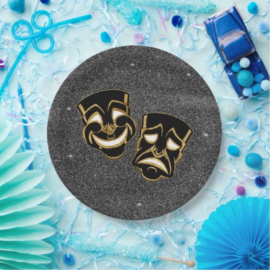 Black Gold Glitzer Comedy und Tragedy Theater Pappteller (Party)