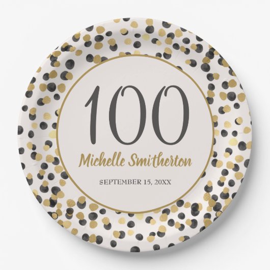 Black Gold Glitzer Confetti 100. Geburtstag Pappteller (Vorderseite)