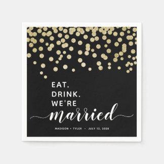 Black & Gold Glitzer Confetti Eat Drink Wedding Serviette