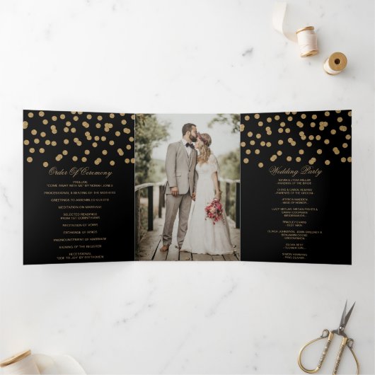 Black Gold Glitzer Confetti Foto Wedding Dreifach-gefaltete Programmkarte (Innenseite)