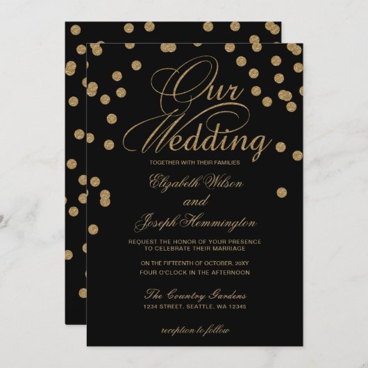 Black Gold Glitzer Confetti Hochzeit Einladung (Vorne/Hinten)