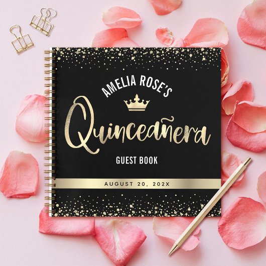 Black Gold Glitzer Crown Quinceñera Gästebuch Notizblock