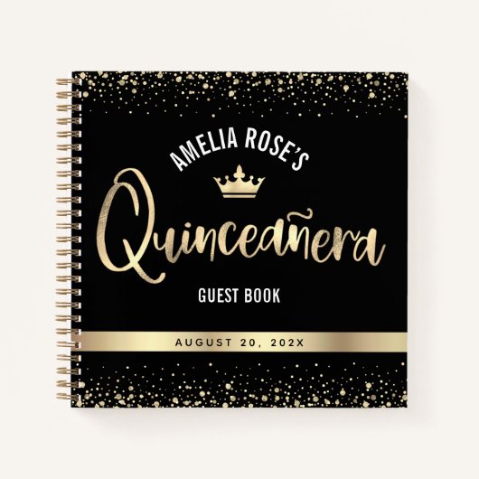 Black Gold Glitzer Crown Quinceñera Gästebuch Notizblock (Vorderseite)