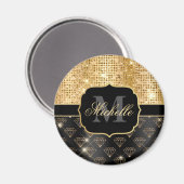 Black & Gold Glitzer Diamonds & Dots Magnet (Vorderseite/Rückseite)