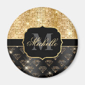Black & Gold Glitzer Diamonds & Dots Magnet (Vorne)