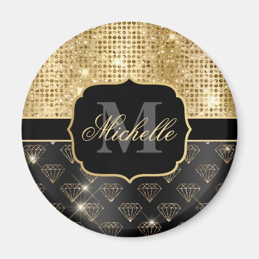 Black & Gold Glitzer Diamonds & Dots Magnet (Vorne)