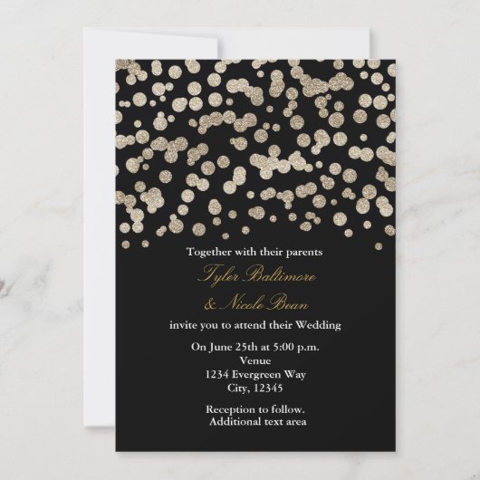 Black & Gold Glitzer Dot Modern Wedding Einladung (Vorderseite)