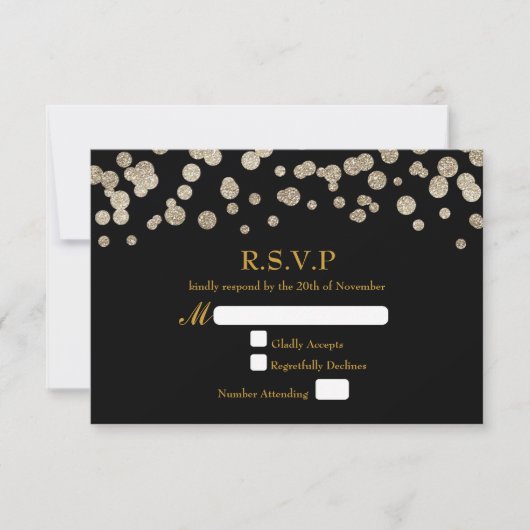 Black & Gold Glitzer Dot Modern Wedding RSVP Card (Vorderseite)