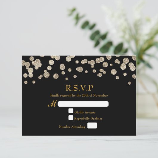 Black & Gold Glitzer Dot Modern Wedding RSVP Card (Stehend Vorderseite)