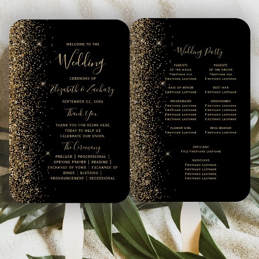 Black Gold Glitzer Edge Hochzeitsprogramm Fächer
