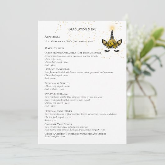 Black Gold Glitzer Einicorn ABSCHLUSS MENU Einladung (Stehend Vorderseite)